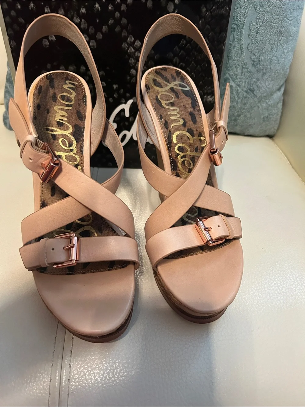 Sam Edelman Blush Tan Leather Cork Wedge Sandals